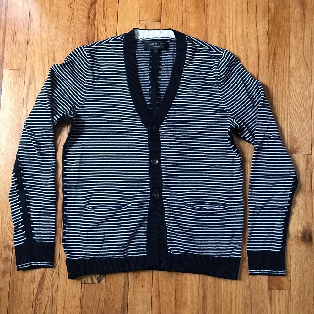 rag & bone Navy and Off White Striped Cardigan Small